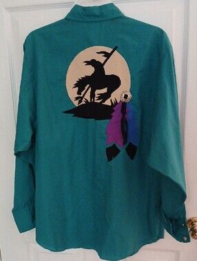 H Bar C Teal Button-Down Shirt with Decorative Ribbon Accent